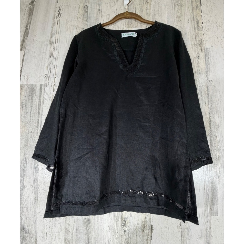 Lulu-B Tunic‎ Top Size S Black 100% Linen Sequin Trim V-Neck 3/4 Sleeve NWT READ
